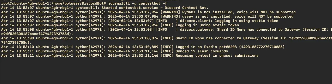 journalctl output showing the bot active and logging cleanly