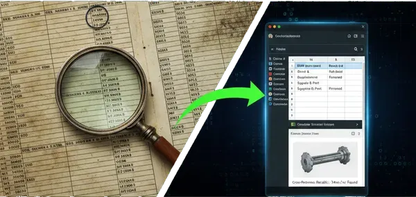 Old parts catalog overlaid with digital search interface
