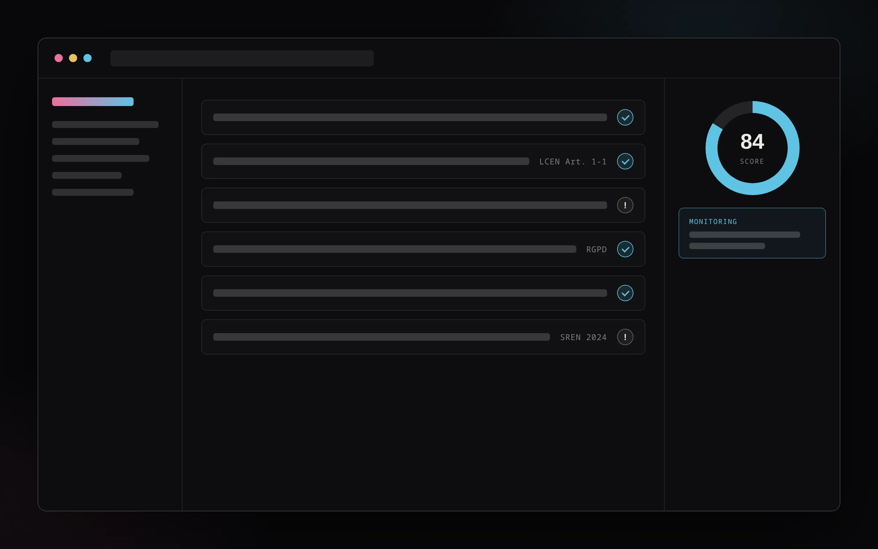 Abstract dashboard mockup representing a compliance scanner: a checklist of rules with pass/warning status, a compliance score ring, and a monitoring status card