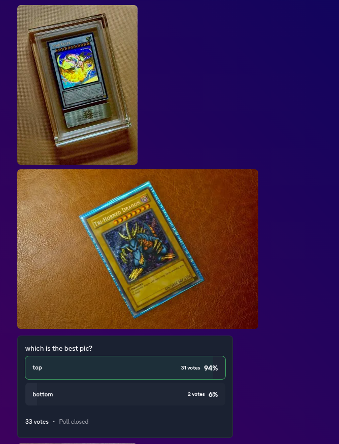 A tournament match in Discord showing two submitted images and a native poll