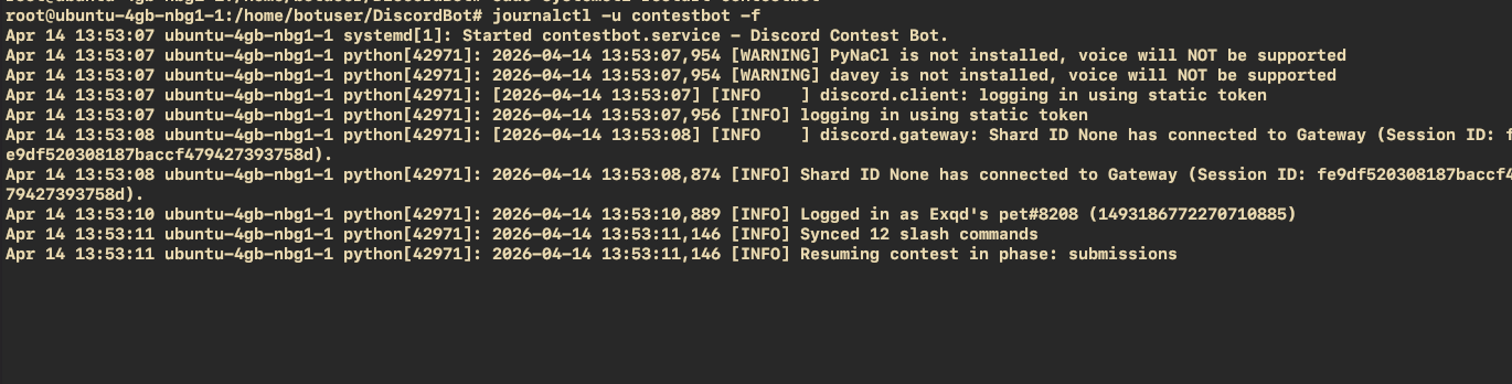 journalctl output showing the bot active and logging cleanly