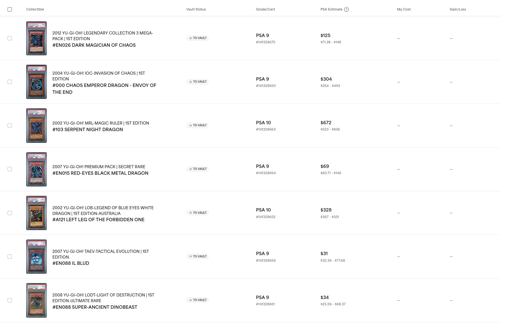 The PSA Vault inventory interface